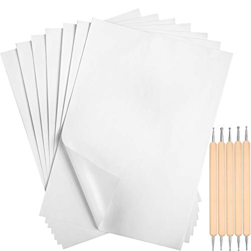 100 Piezas Papel de Transferencia de Carbón Blanco 11,7 x 8,3 Pulgadas Papel de Trazar Papel de Copia de Grafito de Carbono con 5 Stylus en Relieve Stylus Calco Herramientas de Puntos para Tela