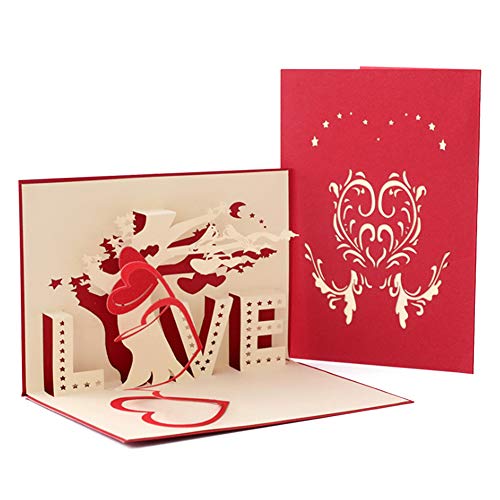4pcs Tarjeta de Felicitación Pop Up 3D, Corazón y árbol Romántico Tarjeta De Felicitación Romántica,Tarjeta para el día de San Valentín, para el cumpleaños o el aniversario del amante (Rojo Amor)
