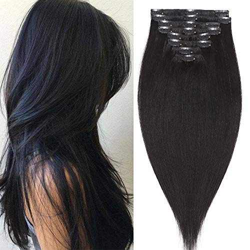 8 x Mechones de pelo humano para extensiones con clip, tratados con el método Remy - Longitud: 20-60 cm ; peso: 65-120 gr 60cm-120g 01# Jet Nero