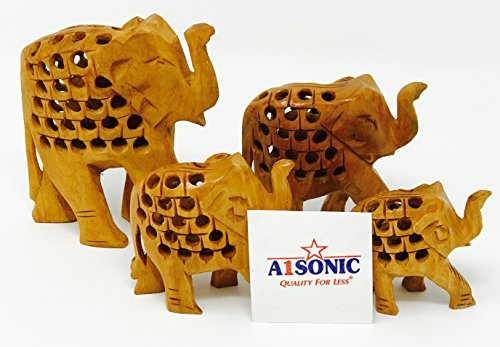 A1Sonic Quality for less Elepahtn - Juego de 4 elefantes indios de madera tallados a mano para decoración de habitación de madera india