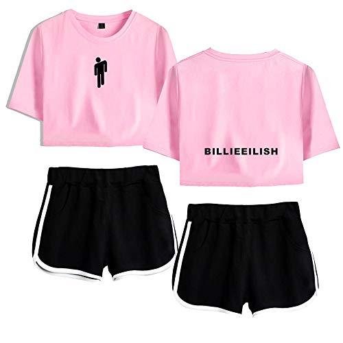 AAZZYUN Billie Eilish niñas Suelta 3D de impresión Superior y Pantalones Cortos de la Camiseta de la Manga 2 Piezas chándal Ropa con Estilo de Yoga (Color : Pink B, Size : XS)