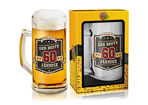 Abc Casa Jarra de cerveza de 0,5 l con texto en alemán para 60 cumpleaños para todos los bebedores de cerveza, texto en alemán "Der Beste 60 Jährige - Regalo original para 60 años en caja de regalo