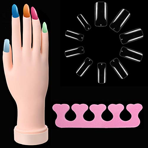 Acmerota Movable Nail Art Hand Falso modelo de mano suave, separador de dedos de uñas, 100 piezas de uñas completas, para entrenamiento de uñas y práctica de exhibición, manicura