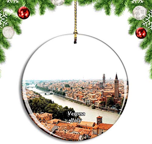 Adorno para árbol de Navidad con diseño de centro histórico mediterráneo de Italia Verona, decoración colgante colgante decoración de viaje ciudad colección recuerdo de porcelana de doble cara 7.6 cm