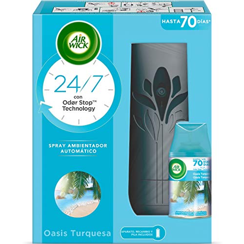 Air Wick Freshmatic Aparato y Recambio de Ambientador Spray Automático, Esencia para Casa con Aroma a Oasis Turquesa - 1 aparato + 1 recambio, Negro (3040036)