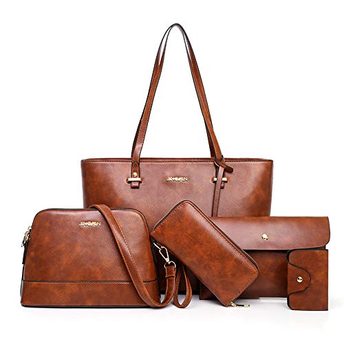 AlwaySky Juego de bolsos de mujer de 5 unidades, cartera, bolsos de mano de piel sintética, color Marrón, talla 1 AlwaySky Juego de bolsos de mujer de 5 unidades, cartera, bolsos de mano de piel sintética, color Marrón, talla 1