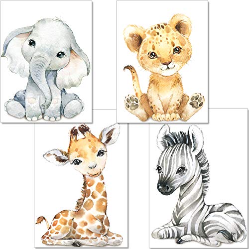 artpin® Juego de 4 imágenes para habitación de bebé, decoración para niños y niñas, DIN A4, póster para habitación infantil, animales de la selva, safari, africano, elefante, tigre, jirafa, cebra, P60