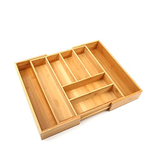 Bandeja para cubiertos con 8 compartimentos, 36 x (31 – 50) x 6 cm (largo x ancho x alto), escalable, cajones de bambú para cajones de cocina