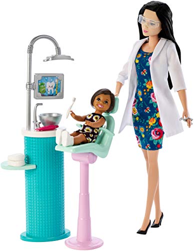 Barbie Quiero Ser Dentista, muñeca morena con niña y accesorios (Mattel FXP17)