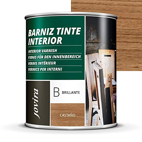 BARNIZ TINTE INTERIOR BRILLANTE, (6 COLORES), Barniz madera, Protege la madera, Decora y embellece la madera. (750ML, CASTAÑO)