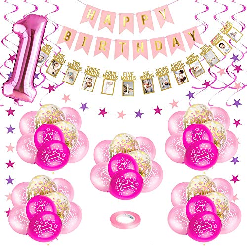 Bebé Niña 1er Cumpleaños Decoraciones, Kit de Globo Rosado para Fiesta de Primer Cumpleaños para Niños, Feliz Cumpleaños Globos de Látex Impresos Confeti Número"1"