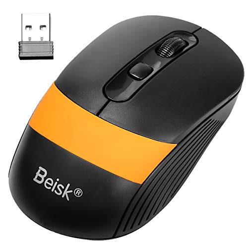 BEISK, Ratón Inalámbrico Wireless, Mouse Óptico, 2.4 GHz, 2400 dpi, 4 Botones, con Alfombrilla, Cable USB, Diseño Ergonómico, Cómodo, Ideal para PC/Mac/Portátil/Ordenador, Etc. Negro con Naranja