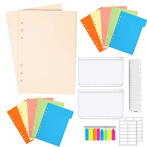 BELIOF Kit de 90 hojas de papel perforado A5 Papel A5 con 6 agujeros forrados y blanco con 160 piezas de pestañas adhesivas para diario Cuaderno diario Contiene 2 divisores a5 y 2 bolsillo