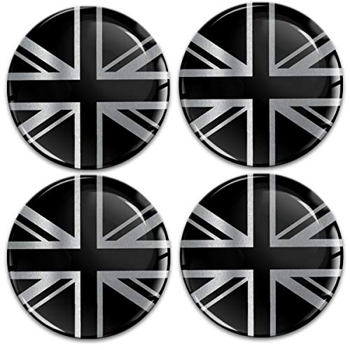 Biomar Labs® 4 x 60mm Universal Adhesivo Pegatinas para Tapas de Rueda de Centro Tapacubos para Coche Bandera Nacional del Reino Unido UK United Kingdom GB Union Jack Plata Negro A 10860