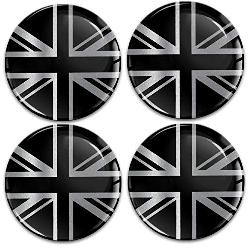 Biomar Labs® 4 x 60mm Universal Adhesivo Pegatinas para Tapas de Rueda de Centro Tapacubos para Coche Bandera Nacional del Reino Unido UK United Kingdom GB Union Jack Plata Negro A 10860