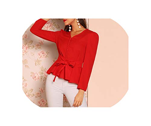 Blusa de manga larga para mujer, cuello en V, detalle de botón, con cinturón, para mujer, color rojo, S