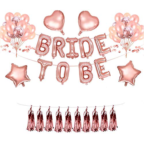 Bride to Be Decoración,Bride to Be Globos Banner con Globos de Oro Rosa, Foil Star Corazón Globos+Borla Guirnalda,Confetti Globos para Fiestas de Despedida de Soltera,Hen Party Decoration