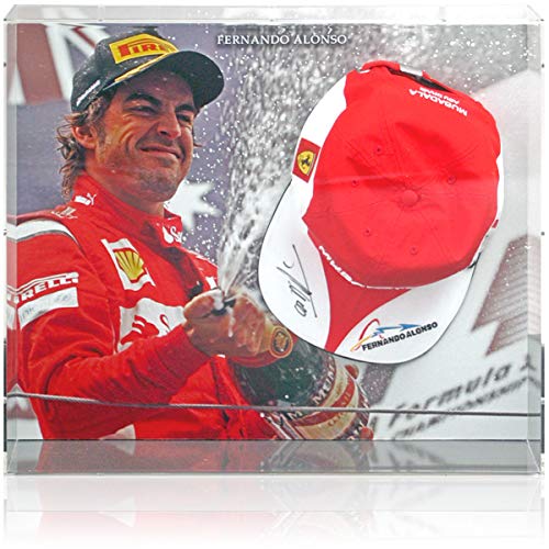 BSM Fernando Alonso Firmado a mano Ferrari Formula 1 Gorra de béisbol Exhibición AFTAL COA