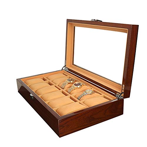 Caja de reloj de la caja Material de madera del caso de exhibición de vidrio organizador Unión superior Caja de almacenamiento de los hombres de la cubierta con las almohadillas 12 ranuras Relojes de