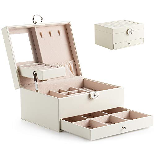 Caja joyero Caja para Joyas Caja de Relojes Estuche Rectangular para Guardar Joyas Caja Joyero con Espejo y Cerradura, Adecuado para Pendientes, Anillos, Collares, Pulseras y Relojes (Blanco-02