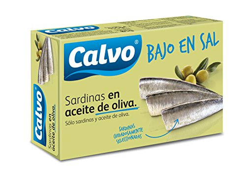 Calvo Sardinas en aceite de Oliva, Baja en Sal - Paquete de 12 x 120 gr- total 1440 gr Calvo Sardinas en aceite de Oliva, Baja en Sal - Paquete de 12 x 120 gr- total 1440 gr
