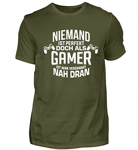 Camiseta de manga corta para hombre con texto en alemán "Nadie es perfecto como jugador es un jugador que se está condenando cerca de ella. Musgo Verde XXL