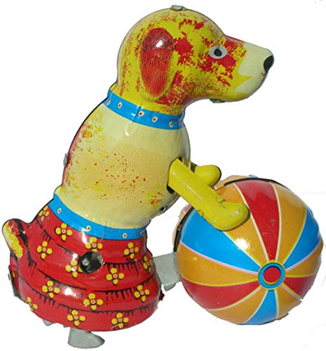 CAPRILO Juguete Decorativo de Hojalata Perro Pelota Animales de Cuerda. Juguetes y Juegos de Colección. Regalos Originales. Decoración Clásica.