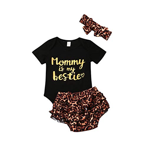 Carolilly - Conjunto de 3 piezas para bebé de verano, camiseta de manga corta con texto divertido + pantalones cortos con estampado de leopardo + cara Negro 80 cm (3- 6 meses)