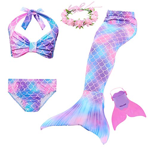Cola de Sirena Niña 5pcs Traje de Baño Mermaid Bikini Establece Disfraz de Sirena Princesa Cosplay Conjuntos con Diadema de Flores y Monofín
