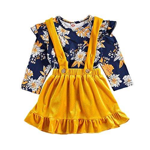 Conjunto de vestido y falda de manga larga con encaje floral y falda para bebé amarillo 38 W/30 L