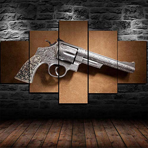 Cuadro Sobre Lienzo 5 Piezas Impresión En Lienzo Ancho: 150Cm, Altura: 100Cm Listo Para Colgar-44 Magnum Revolver Gun Pistole En Un Marco