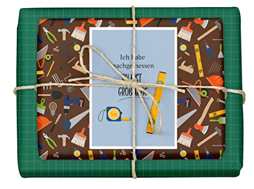 dabelino® Papel de regalo para hombres – Set de herramientas / artesanos: 4 hojas + 1 tarjeta (papel reciclado, regalo de cumpleaños, Navidad, idea de regalo para abuelos, papá, papá, maestro)