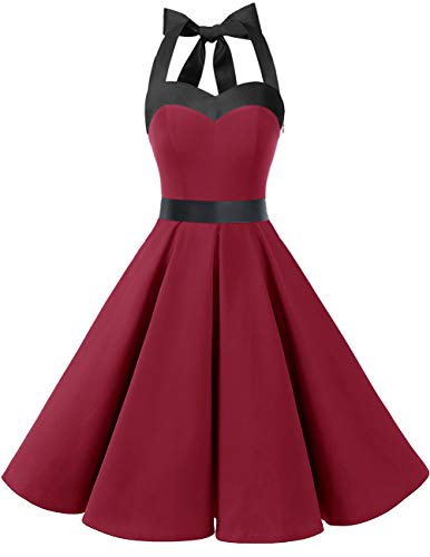 DRESSTELLS Version 3.0 - Vestido de cóctel de lunares con cuello halter, estilo vintage Audrey Hepburn de los años 50 rojo oscuro XS