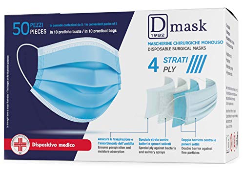 Dulàc - D Mask - Mascarilla quirúrgica desechable - 50 PIEZAS - CE - 4 Capas - Clip ajustable - Hipoalergénico e impermeable - Producto sanitario de clase 1 - EN 14683