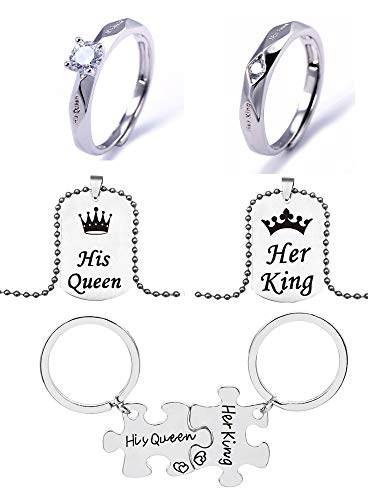 El juego de regalo de Navidad de 6 piezas para parejas, incluye un par de anillos, un par de collares y un par de llaveros para regalo de San Valentín