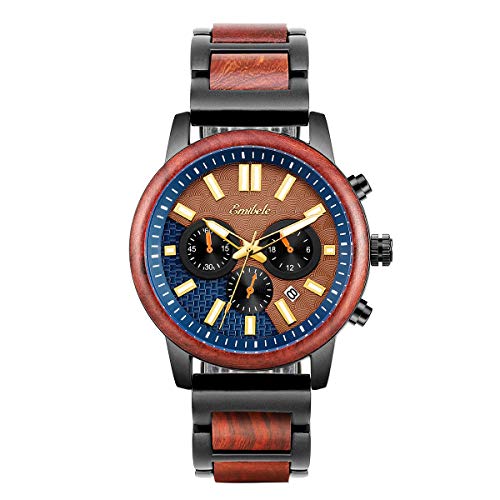 Emibele Hombre Relojes con 3 Sub-esferas y Puntero Luminoso Hecho a Mano, Elegante Reloj de Pulsera de Madera Acero Inoxidable con Cronógrafo y Fecha para Belleza de Hombres - Sándalo Rojo Emibele Hombre Relojes con 3 Sub-esferas y Puntero Luminoso Hecho a Mano, Elegante Reloj de Pulsera de Madera Acero Inoxidable con Cronógrafo y Fecha para Belleza de Hombres - Sándalo Rojo