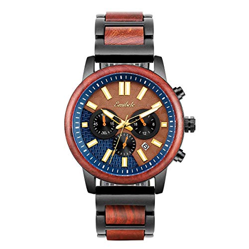 Emibele Hombre Relojes con 3 Sub-esferas y Puntero Luminoso Hecho a Mano, Elegante Reloj de Pulsera de Madera Acero Inoxidable con Cronógrafo y Fecha para Belleza de Hombres - Sándalo Rojo