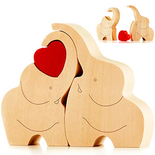 Encantadora figura de madera de una pareja de elefantes con corazón rojo – regalo decorativo de elefantes de madera