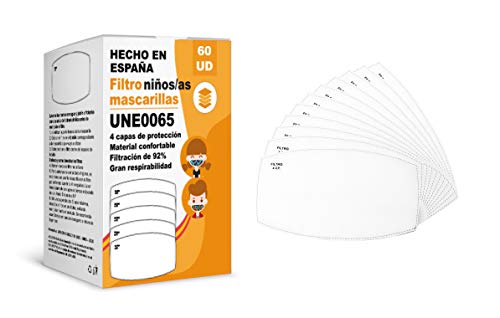 [ENVÍOS EN 24H] KALLPA® 60 filtros para mascarillas niños UNE0065 - REUTILIZABLES - fabricados en ESPAÑA - hidrófobo, antiestático y antibacteriano