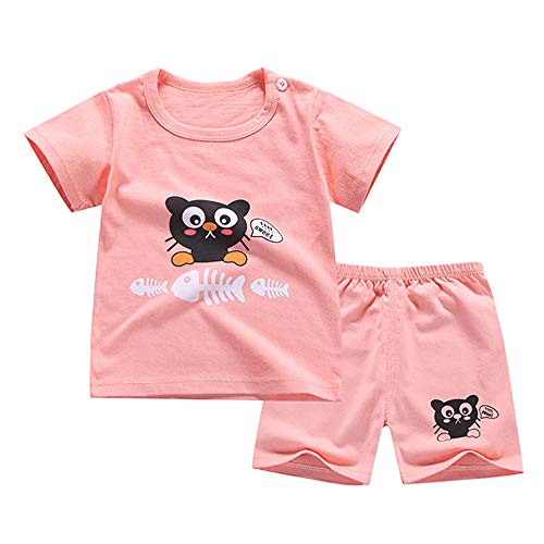 Fansu Pijamas Enteros de Manga Corta para Niños, Bebé Pijamas Dos Piezas Juego Verano Suave y Cómoda Ropa Algodón de Ajuste Niño Niña Camisetas y Pantalones (80cm,Espinas de Pescado Naranja)