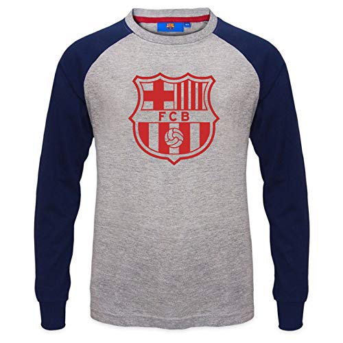 FC Barcelona - Camiseta oficial con mangas raglán - Para niños - Con el escudo del club - Gris - 8-9 años