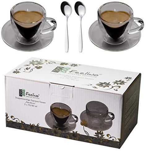 Feelino - Juego de 2 Tazas de café con Doble Pared (70 ml, con asa y Posavasos, 2 cucharillas de Acero Inoxidable, 2 Tazas de café con Plato y 2 cucharas de R)