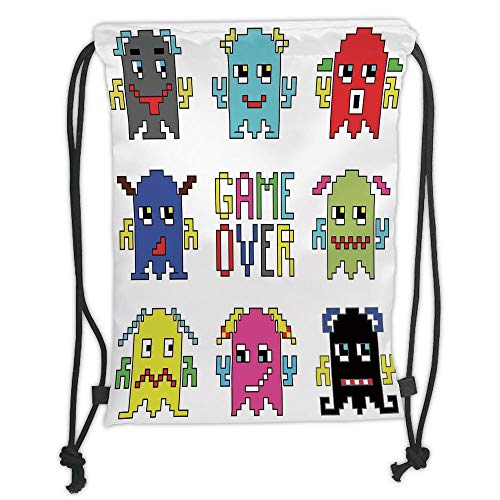 Fevthmii Drawstring Backpacks Bags,90s,Pixel Robot Emoticons with Game Over Sign Inspired by 90s Computer Games Fun Artprint,Yellow Red Soft Satin,5 Liter Capacity,Adjustable String Closure