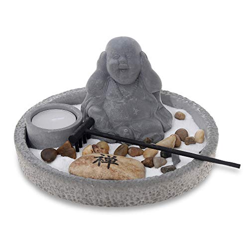Flanacom Zen Jardín con figura de Buda – Miniatura japonesa Jardín – Soporte para varillas de incienso – Juego de 3 varillas de incienso – Amuleto de la suerte del Budismo y Daoismo (gris)