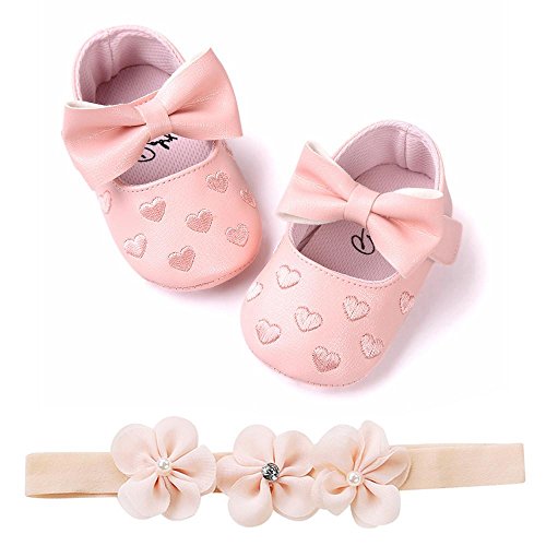 Fossen Zapatos de Bebe Fossen Recién Nacido Niñas Piel Artificial Primeros Pasos Bordado Corazón Patrones Y Diadema de Flores (0-6 Meses, Rosa)