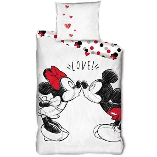 Funda de edredón Mickey y Minnie in Love, color blanco, para niño, 140 x 200 cm, 1 persona, 100% algodón, edición limitada