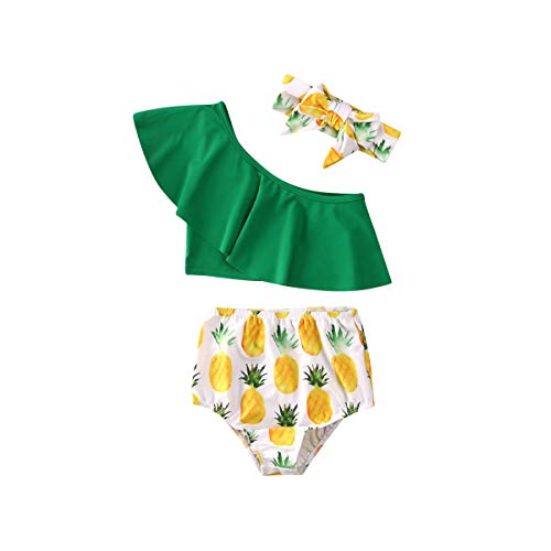Geagodelia - Conjunto de 3 piezas de traje de baño para niña de verano sin espaletas + pantalones con estampado de anas+ diadema con lazo para la playa Verde 2-3 Años