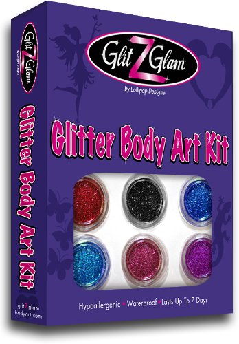 GlitZGlam Kit de Tatuajes con Brillantina: Nuevo 6 envases de Brillantina Grandes y 12 Plantillas Reutilizables. Tatuajes temporales para niños, Adolescentes y Adultos