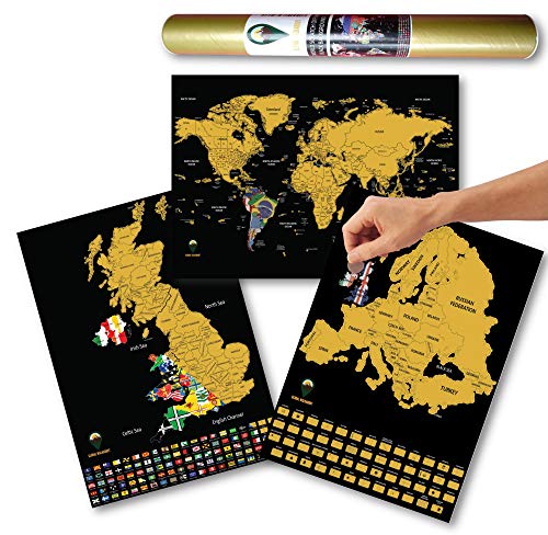 Global Walkabout Mapa del mundo, Europa y Reino Unido con banderas de fondo, tamaño de viaje de lujo, póster de mapa de Europa y Reino Unido, países y hechos, regalo de viaje (negro)