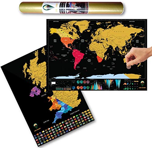 Global Walkabout Mapa del mundo y del Reino Unido con colores de fondo, póster de mapa del mundo y del Reino Unido, tamaño de viaje de lujo, color negro